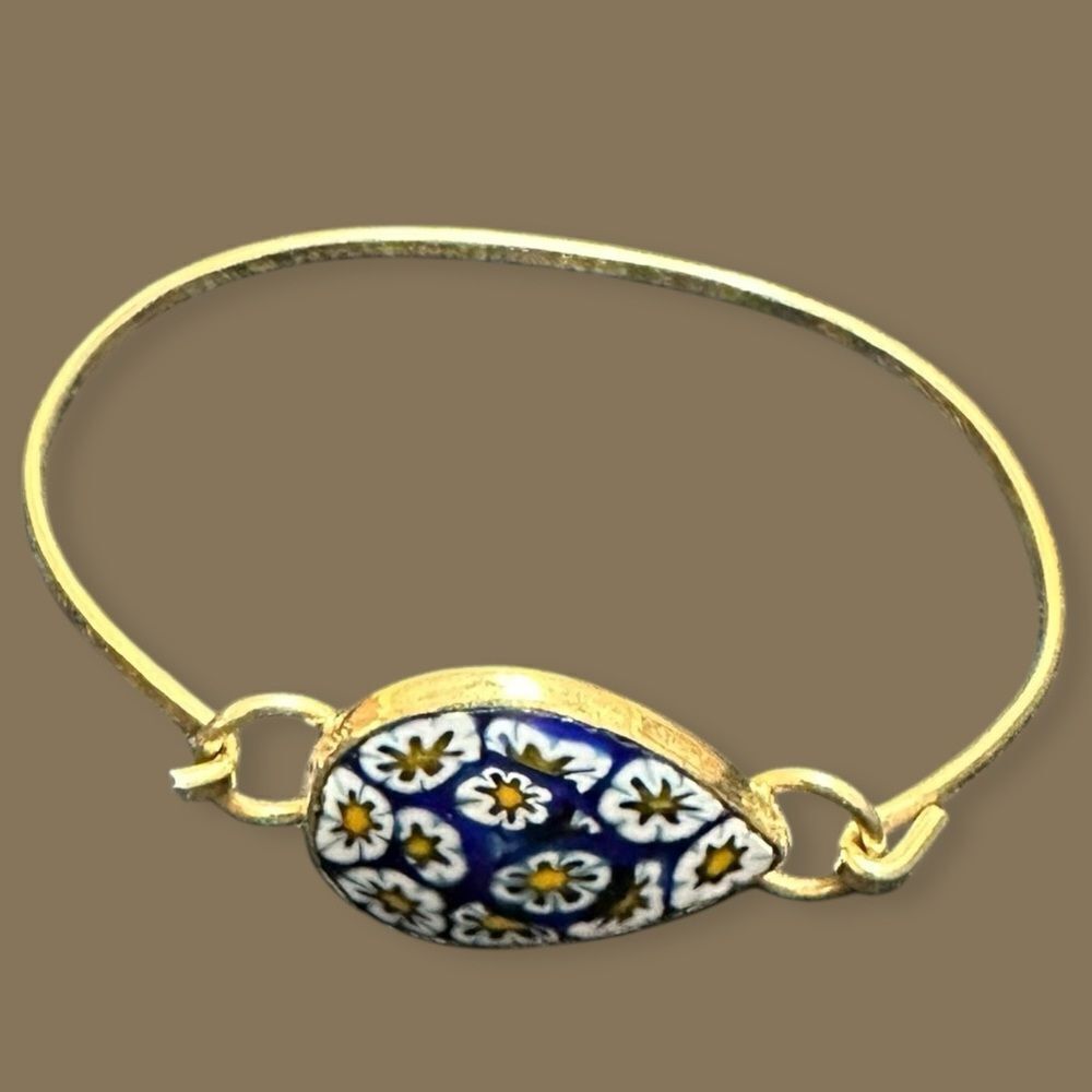 Blue Floral Mille Fiori Enamel and Gold tone Bracelet Bangle - Picture 2 of 13